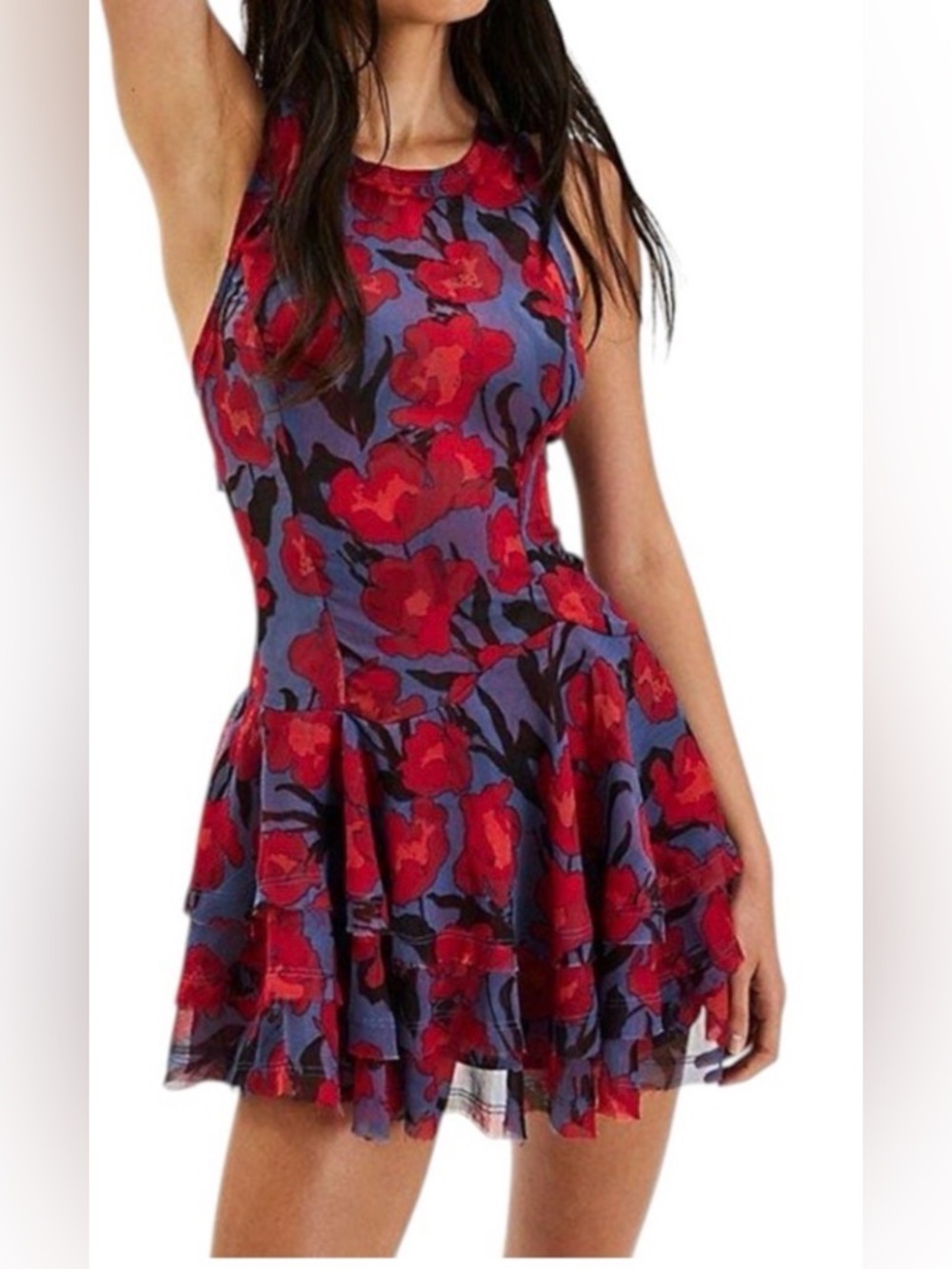 Free People Raven Dress Floral Red Blue Tiered Sleeveless Dress Mini Boho